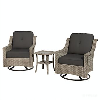 Ovios Outdoor Rattan Swivel Rocking Chairs Set w/ Side Table, All-Weather Patio Set, PE Wicker