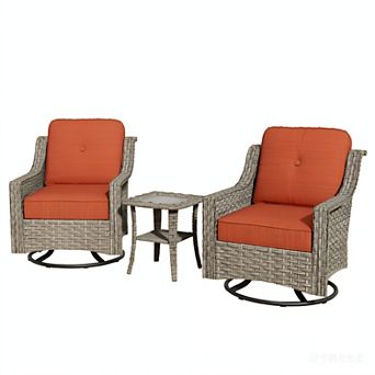 Ovios Outdoor Rattan Swivel Rocking Chairs Set w/ Side Table, All-Weather Patio Set, PE Wicker
