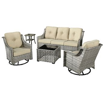 Ovios 5 pc Outdoor Patio Gray Wicker Furniture Set w/ 3-Seater Sofa & Swivel Rocking Chairs Set