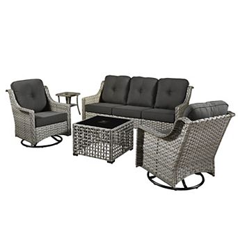 Ovios 5 pc Outdoor Patio Gray Wicker Furniture Set w/ 3-Seater Sofa & Swivel Rocking Chairs Set