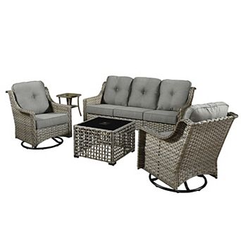 Ovios 5 pc Outdoor Patio Gray Wicker Furniture Set w/ 3-Seater Sofa & Swivel Rocking Chairs Set