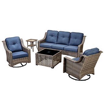 Ovios 5 pc Outdoor Patio Gray Wicker Furniture Set w/ 3-Seater Sofa & Swivel Rocking Chairs Set