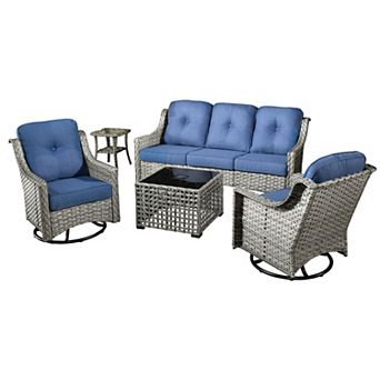 Ovios 5 pc Outdoor Patio Gray Wicker Furniture Set w/ 3-Seater Sofa & Swivel Rocking Chairs Set