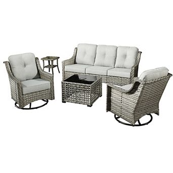 Ovios 5 pc Outdoor Patio Gray Wicker Furniture Set w/ 3-Seater Sofa & Swivel Rocking Chairs Set