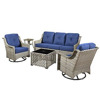 Ovios 5 pc Outdoor Patio Gray Wicker Furniture Set w/ 3-Seater Sofa & Swivel Rocking Chairs Set