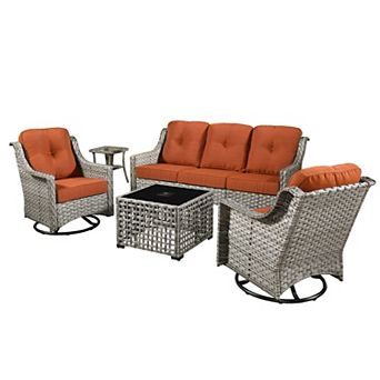 Ovios 5 pc Outdoor Patio Gray Wicker Furniture Set w/ 3-Seater Sofa & Swivel Rocking Chairs Set