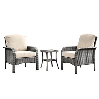 Ovios 3 pc All-Weather Patio Rattan Chairs Set, 2 Armchairs w/ Side Table, Gray PE Wicker Design