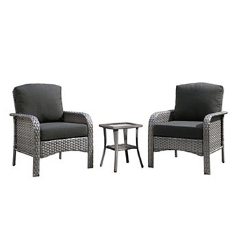 Ovios 3 pc All-Weather Patio Rattan Chairs Set, 2 Armchairs w/ Side Table, Gray PE Wicker Design