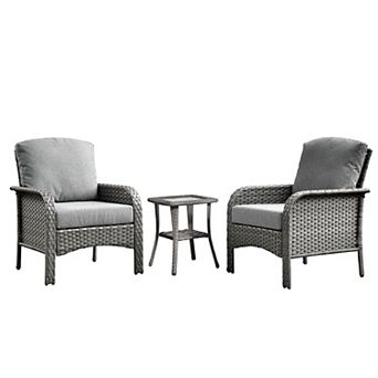 Ovios 3 pc All-Weather Patio Rattan Chairs Set, 2 Armchairs w/ Side Table, Gray PE Wicker Design