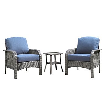 Ovios 3 pc All-Weather Patio Rattan Chairs Set, 2 Armchairs w/ Side Table, Gray PE Wicker Design