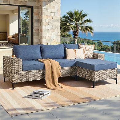 Ovios 4-Piece Outdoor Sectional Rattan Sofa Set w/ Multi-use Ottoman, 7.5" Wide Armrests Design