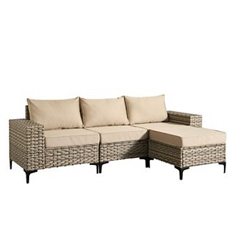 Ovios 4 pc Outdoor Sectional Rattan Sofa Set w/ Multi-use Ottoman, 7.5" Wide Armrests Design