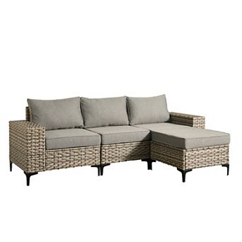 Ovios 4 pc Outdoor Sectional Rattan Sofa Set w/ Multi-use Ottoman, 7.5" Wide Armrests Design