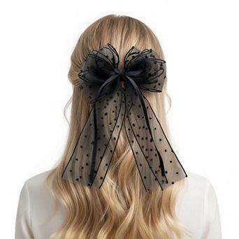 Sheer Polka Dot Bow Hair Clip with Layered Tulle Design and Long Ribbon Tails