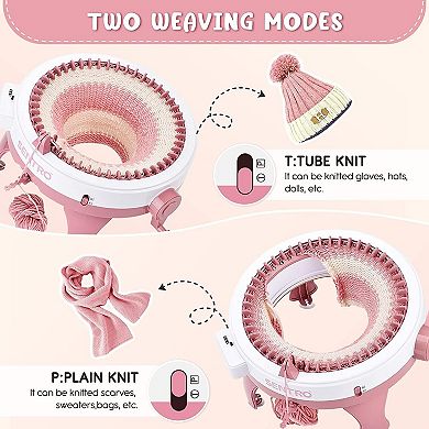 48-Needle Pink Knitting Machine,1-Touch Knitting for Scarves,Hats&Sweaters, Beginner & DIY Friendly