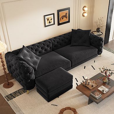 CEWOR 97.7" Convertible 4-Seat Sofa Bed with Pull-Out King Size, Velvet Fabric with Ottoman