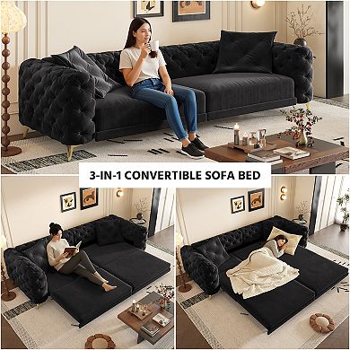 CEWOR 97.7" Convertible 4-Seat Sofa Bed with Pull-Out King Size, Velvet Fabric with Ottoman