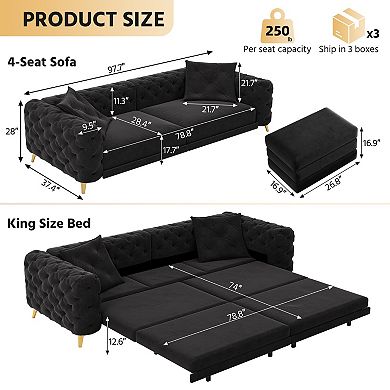 CEWOR 97.7" Convertible 4-Seat Sofa Bed with Pull-Out King Size, Velvet Fabric with Ottoman