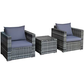 3 pc Patio Rattan Furniture Set, Wicker Furniture with Glass Table & Cushions for Garden
