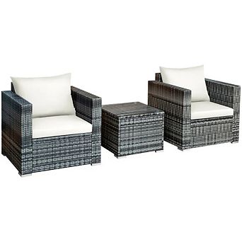 3 pc Patio Rattan Furniture Set, Wicker Furniture with Glass Table & Cushions for Garden