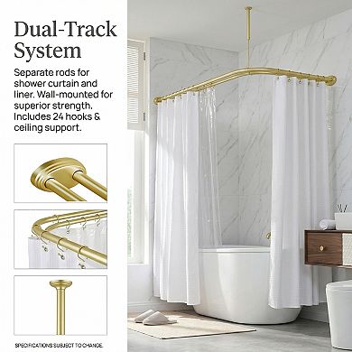 Utopia Alley Aluminum Double L Shaped Shower Rod 72" L, with Shower Hooks & Ceiling Support