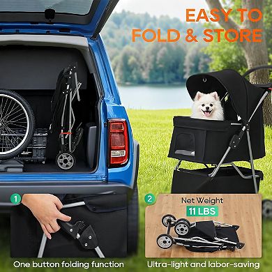 3-Wheel Pet Stroller Breathable Mesh Lightweight Foldable Dog Cat Carrier Black