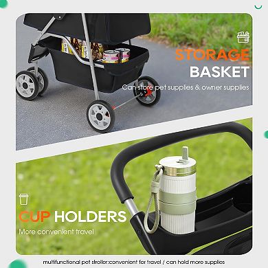 3-Wheel Pet Stroller Breathable Mesh Lightweight Foldable Dog Cat Carrier Black