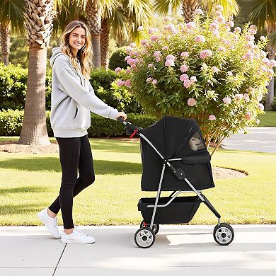 3-Wheel Pet Stroller Breathable Mesh Lightweight Foldable Dog Cat Carrier Black
