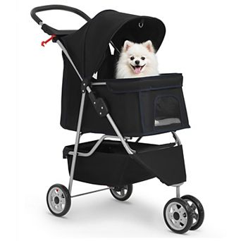 3-Wheel Pet Stroller Breathable Mesh Lightweight Foldable Dog Cat Carrier Black