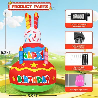 GOOSH 6.2 FT Birthday Inflatables Cake with Candle and Colorful Rotating LED Lights