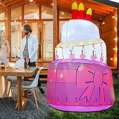 GOOSH 6.4 FT Birthday Inflatables Cake with Candle and Colorful Rotating LED Lights (Red-B)