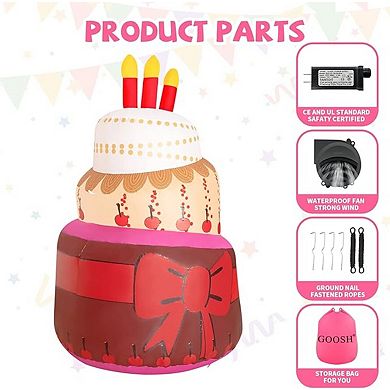GOOSH 6.4 FT Birthday Inflatables Cake with Candle and Colorful Rotating LED Lights (Red-B)