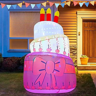 GOOSH 6.4 FT Birthday Inflatables Cake with Candle and Colorful Rotating LED Lights (Red-B)