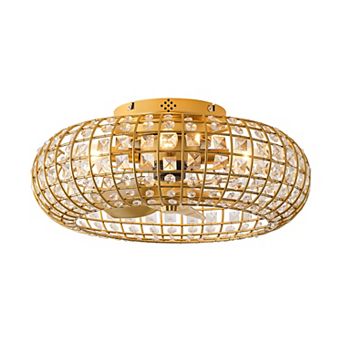 20" Modern Gold Caged Crystal 6-Speed Low Profile Flush Mount Fandelier Ceiling Fan with Light and R