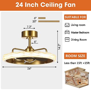 24" Modern Brushed Gold Fandelier Caged Ceiling Fan with Remote and LED Light