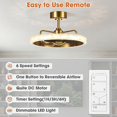 24" Modern Brushed Gold Fandelier Caged Ceiling Fan with Remote and LED Light