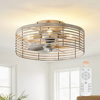 18" Antique White Caged 4-Light Low-Profile Flush Mount Ceiling Fan with Remote
