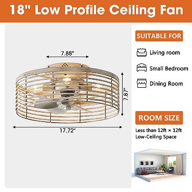 18" Antique White Caged 4-Light Low-Profile Flush Mount Ceiling Fan with Remote