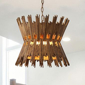 16" Rustic Brass Wood Hourglass 4-Light Chandelier Geometric Metal Adjustable Pendant Light