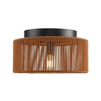 14" Rustic Brown 1-Light Handwoven Cotton Rope Caged Flush Mount Ceiling Light