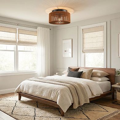 14" Rustic Brown 1-Light Handwoven Cotton Rope Caged Flush Mount Ceiling Light