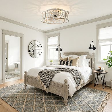 18" Rustic Antique White Caged Fandelier Low Profile Ceiling Fan with Light and Remote