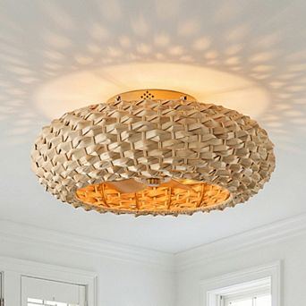 21" Natural Coastal 4-Light Woven Bamboo Flush Mount Caged Ceiling Fan with Remote