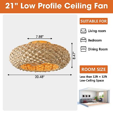 21" Natural Coastal 4-Light Woven Bamboo Flush Mount Caged Ceiling Fan with Remote