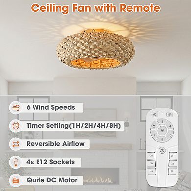 21" Natural Coastal 4-Light Woven Bamboo Flush Mount Caged Ceiling Fan with Remote