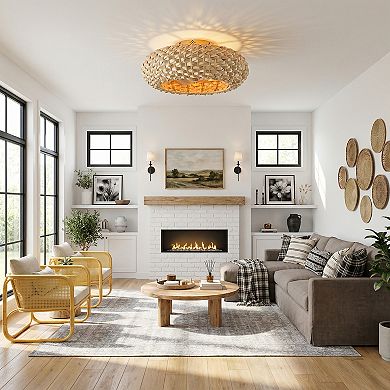 21" Natural Coastal 4-Light Woven Bamboo Flush Mount Caged Ceiling Fan with Remote