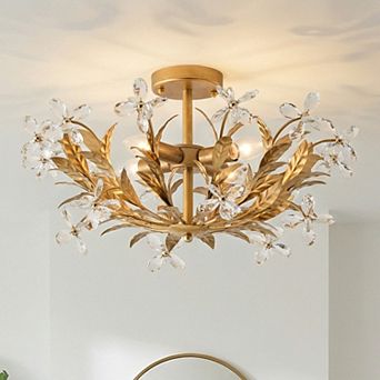24" Distressed Gold 4-Light Crystal Flower Bowl Semi Flush Mount Ceiling Light
