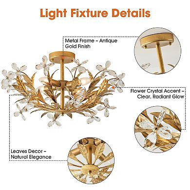 24" Distressed Gold 4-Light Crystal Flower Bowl Semi Flush Mount Ceiling Light