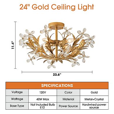 24" Distressed Gold 4-Light Crystal Flower Bowl Semi Flush Mount Ceiling Light