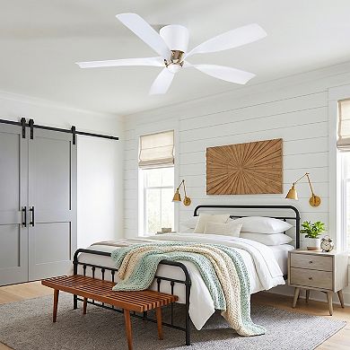 52" Modern White 5 Blades Flush Mount Low Profile Ceiling Fan, No Light
